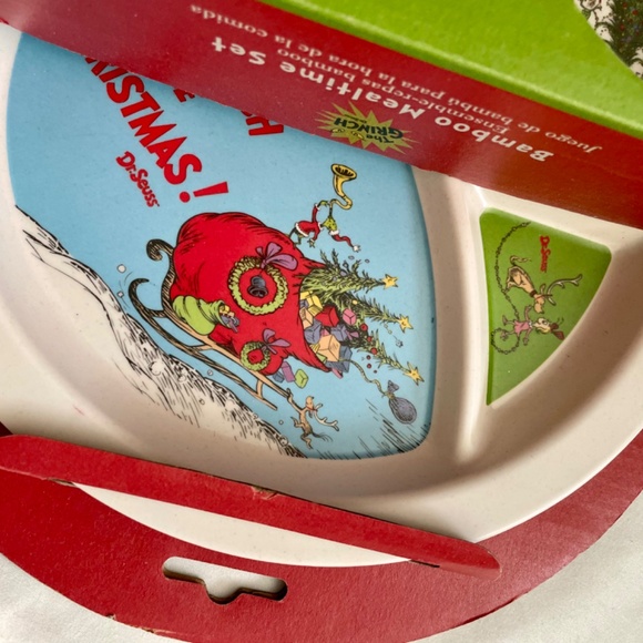 Dr. Seuss The Grinch Christmas Kids Mealtime Plate Bowl Cup Set Bamboo New - Picture 2 of 4
